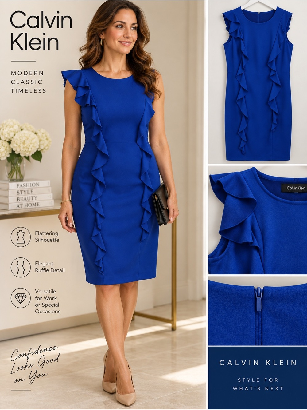 royal blue calvin klein dress Ruffle Sheath 37 length (size 2)
